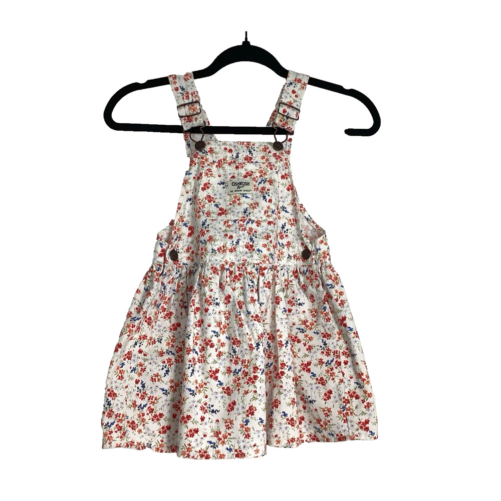 OshKosh B’gosh Girls Red & Blue Floral White Denim Overall Dress Jumper Size 4T